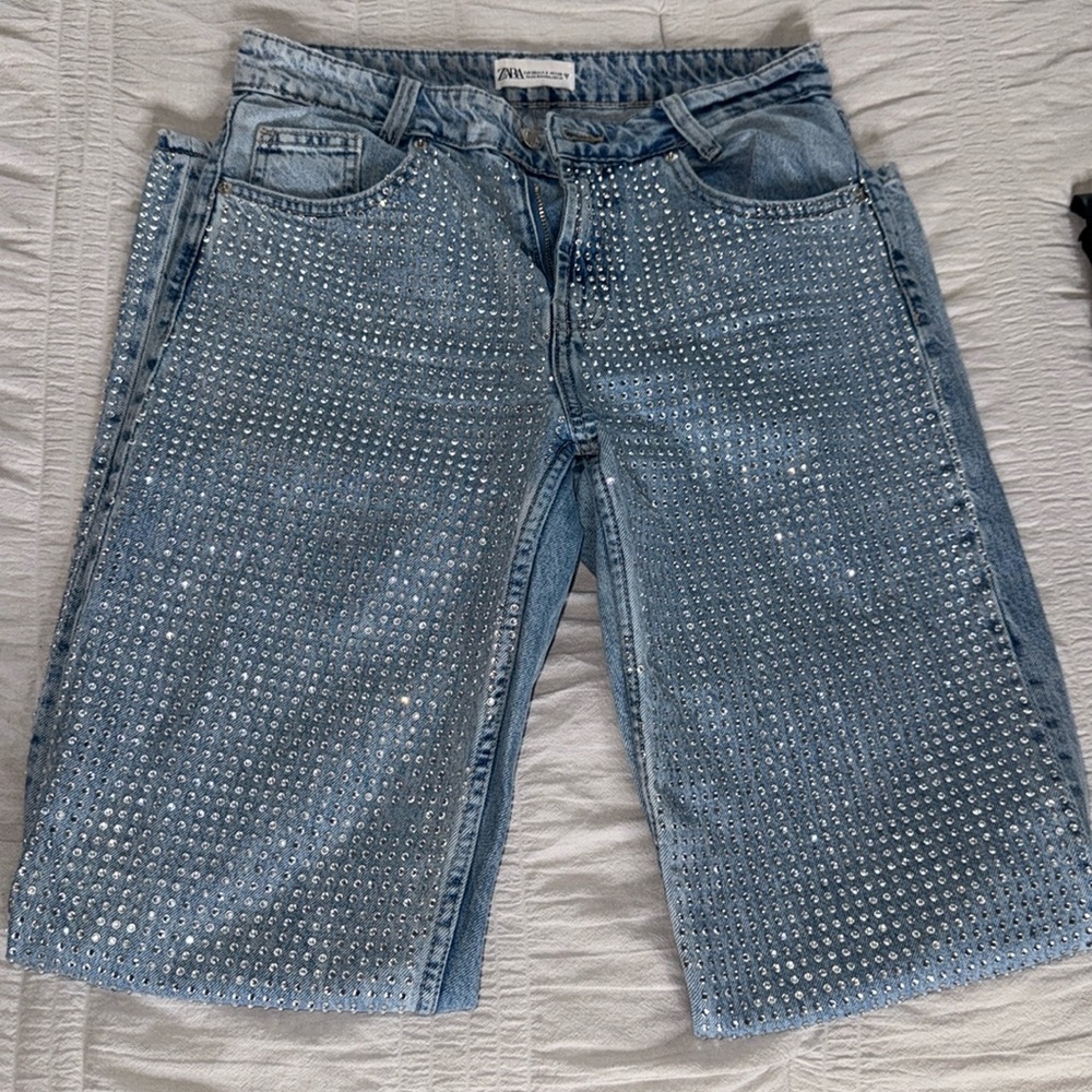 Zara SEXY RHINESTONE Blue Straight Leg Jeans with Classic Style LIMITED EDITION